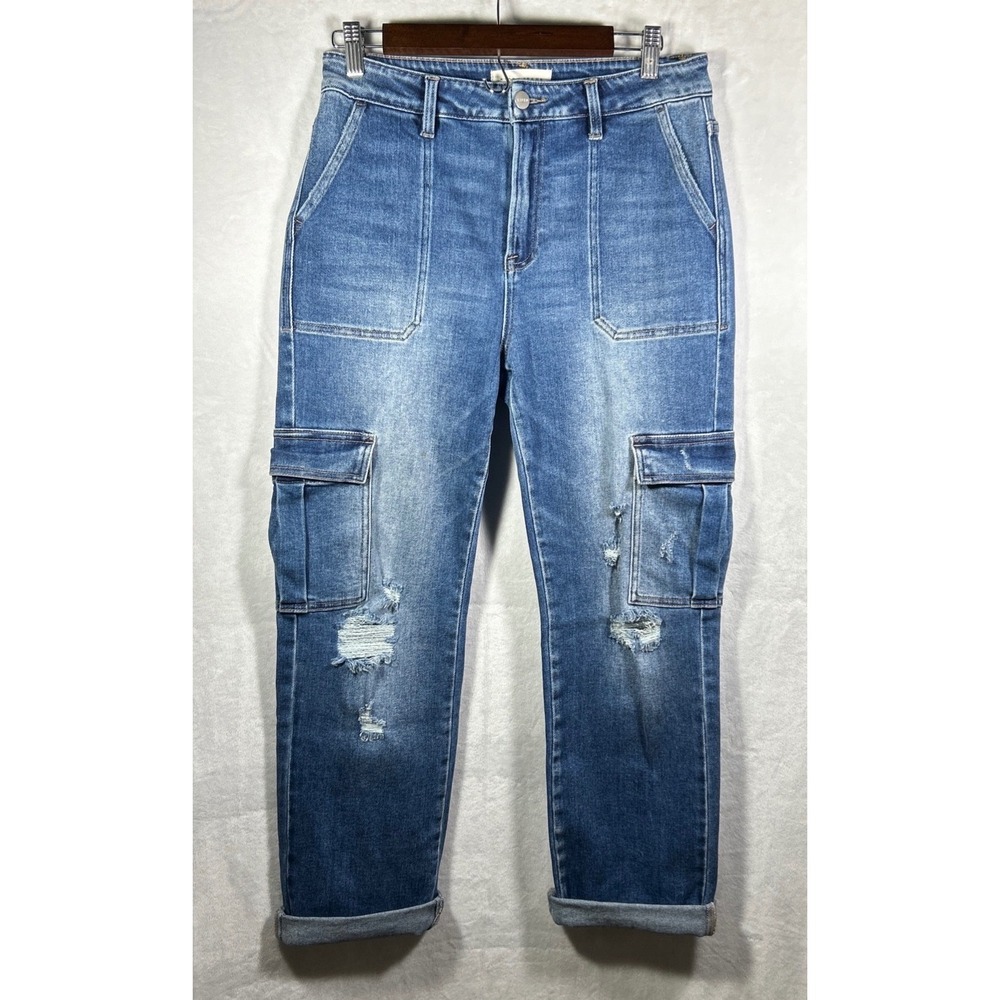 Risen High Rise Cargo Ankle Roll Up Jeans Womens Sz 9/29 (28.5x28.5) Distressed